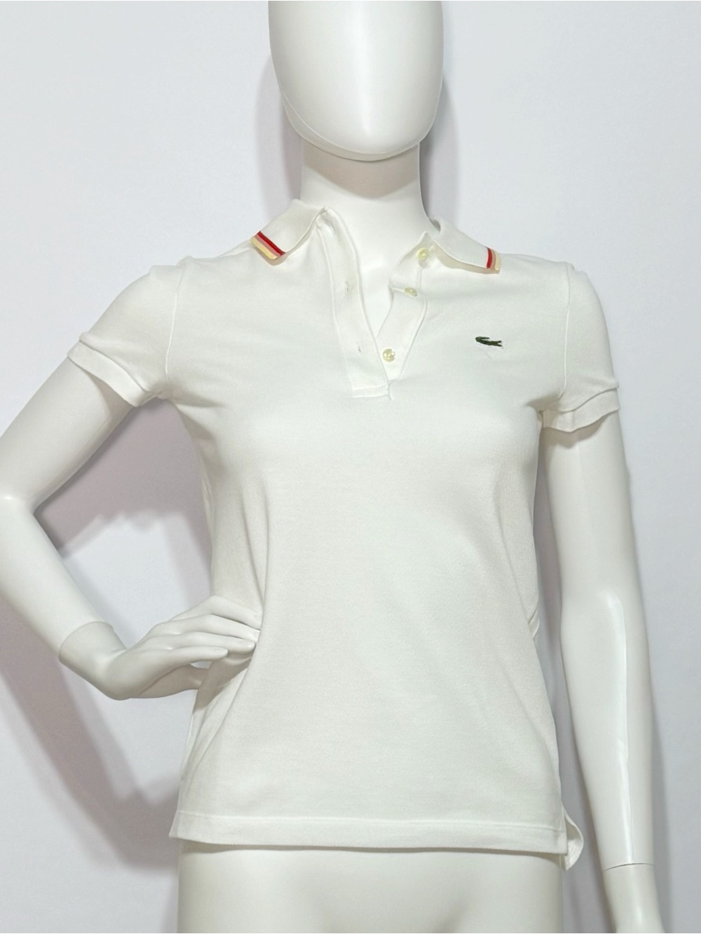 NWOT Preppy Lacoste White Short Sleeve Polo with Red & Yellow Collar | Size 32